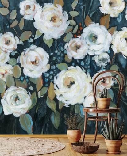 green, blue and white painted floral wallpaper green, blue and white painted floral wallpaper