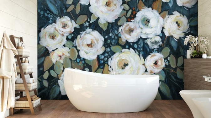 green, blue and white painted floral wallpaper