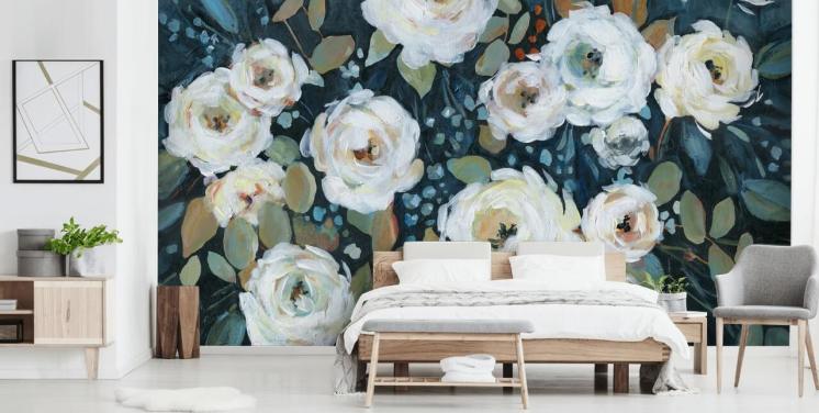 grønn, blå og hvitmalt floral tapet