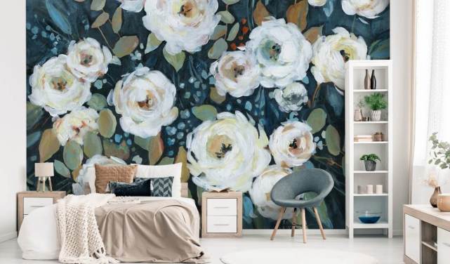 green, blue and white painted floral wallpaper