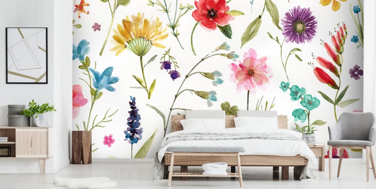 painted colourful meadow flowers on white background wallpaper painted colourful meadow flowers on white background wallpaper