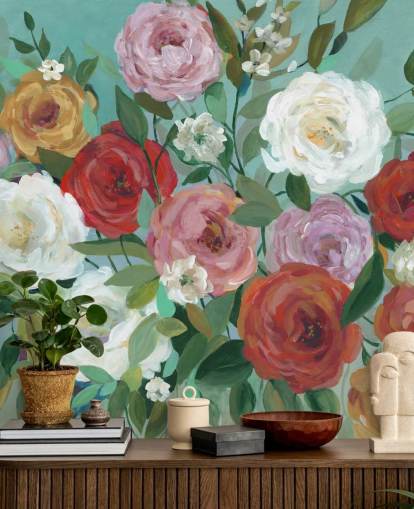 colourful painted roses on green background wallpaper colourful painted roses on green background wallpaper