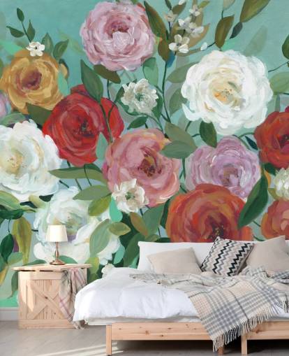 colourful painted roses on green background wallpaper colourful painted roses on green background wallpaper