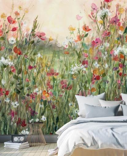 pink and green customisable floral wallpaper mural called Spring in Full Bloom by Carol Robinson for living rooms pink and green customisable floral wallpaper mural called Spring in Full Bloom by Carol Robinson for living rooms