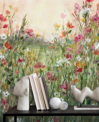 rosa og grønt tilpassbart blomstertapet veggmaleri kalt Spring in Full Bloom av Carol Robinson for stuer rosa og grønt tilpassbart blomstertapet veggmaleri kalt Spring in Full Bloom av Carol Robinson for stuer