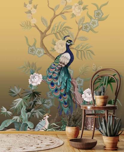 gold and green customisable chinoiserie wallpaper mural called Peacock Power for bathrooms, kitchens and bedrooms gold and green customisable chinoiserie wallpaper mural called Peacock Power for bathrooms, kitchens and bedrooms