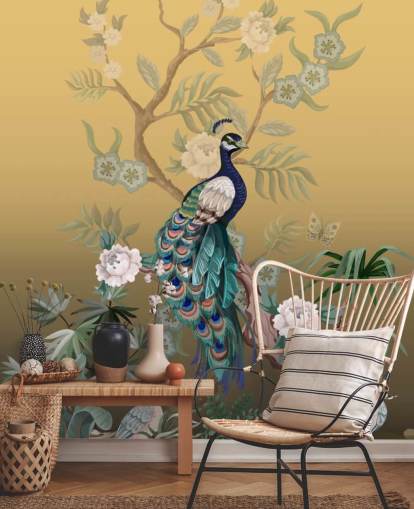 guld och grön anpassningsbar chinoiserie tapetväggmålning kallad Peacock Power för badrum, kök och sovrum guld och grön anpassningsbar chinoiserie tapetväggmålning kallad Peacock Power för badrum, kök och sovrum