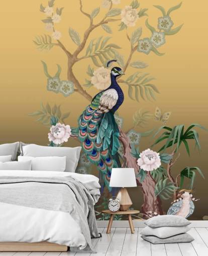 mural de papel pintado de chinoiserie personalizable dorado y verde llamado Peacock Power para baños, cocinas y dormitorios mural de papel pintado de chinoiserie personalizable dorado y verde llamado Peacock Power para baños, cocinas y dormitorios