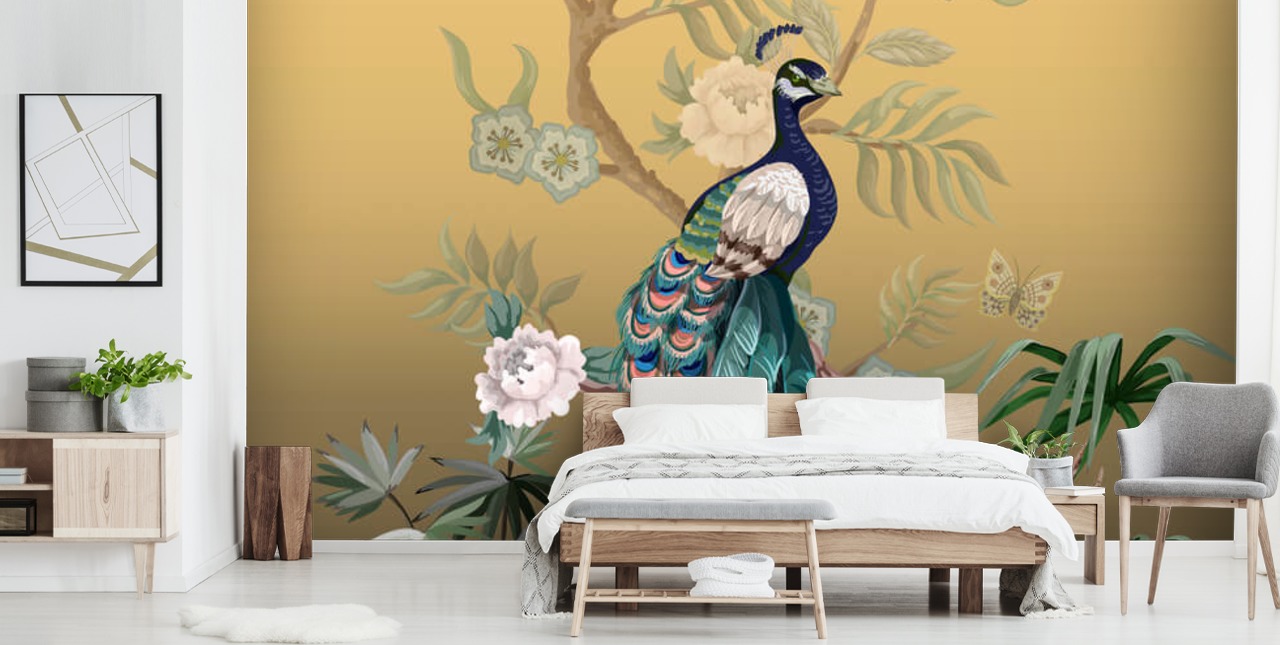 gold and green customisable chinoiserie wallpaper mural called Peacock Power for bathrooms, kitchens and bedrooms