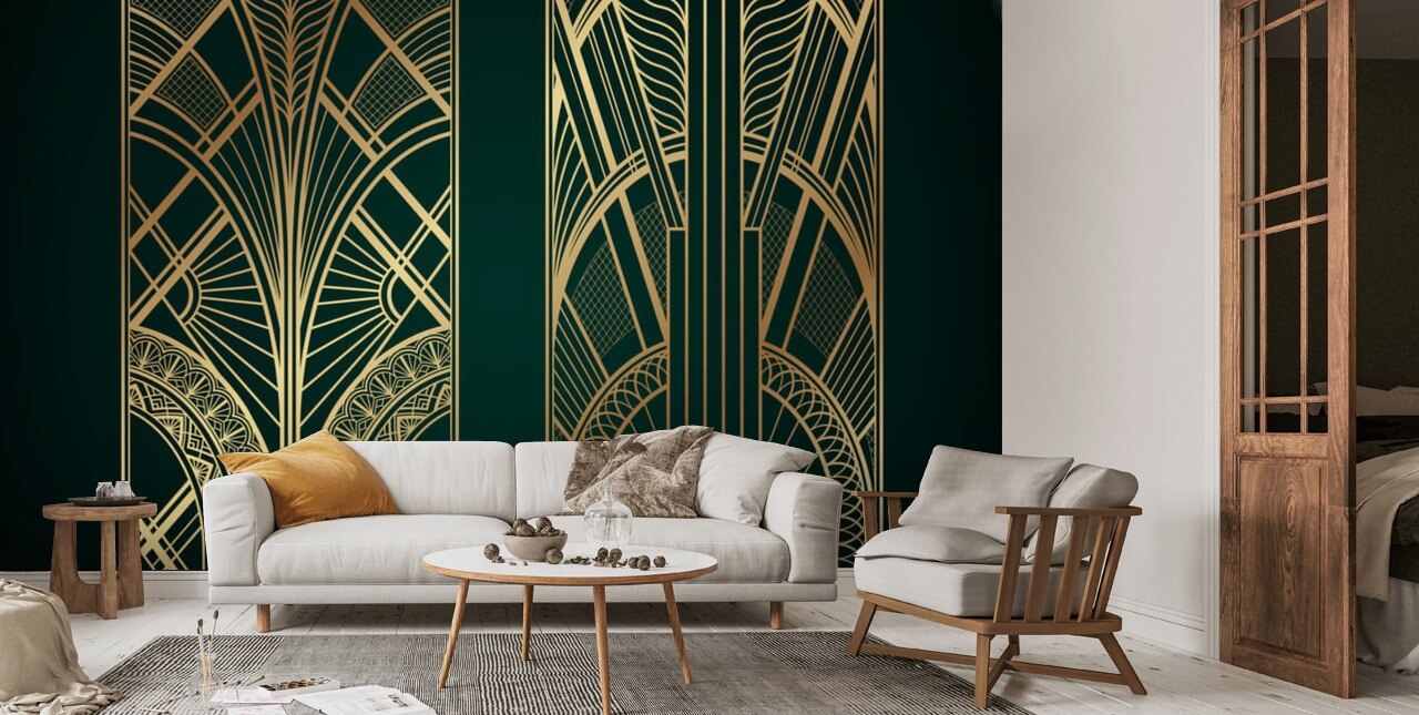 Gold art deco panels on dark green background | Wallsauce UK