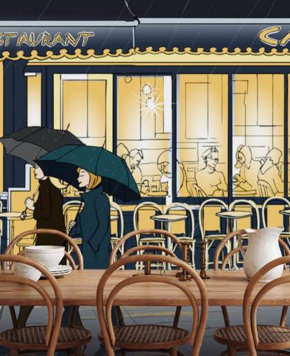 Blue and Yellow Cafe View Wallpaper Blue and Yellow Cafe View Wallpaper