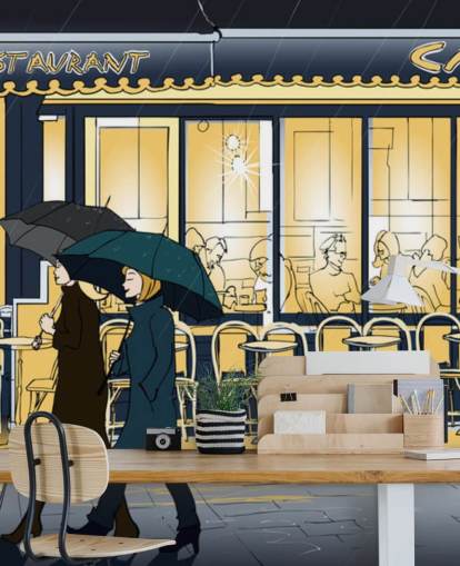 Blue and Yellow Cafe View Wallpaper Blue and Yellow Cafe View Wallpaper