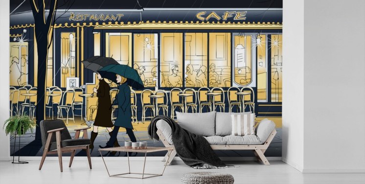 Blue and Yellow Cafe View Wallpaper