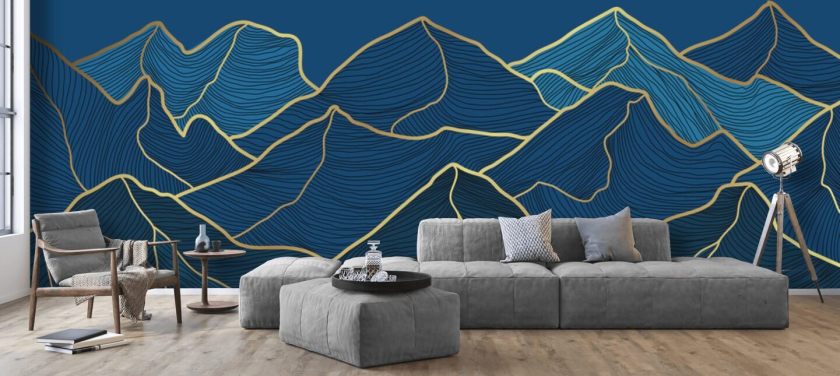 fond d'écran montagnes ligne or et bleu marine