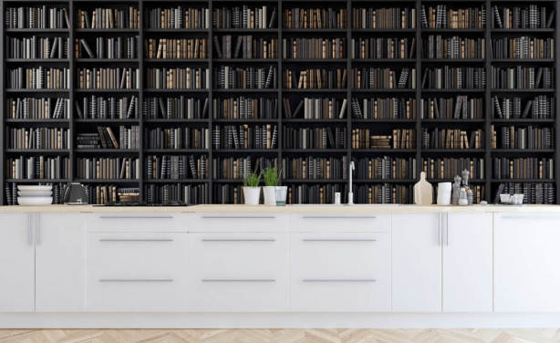 donkere boekenplank cum bibliotheek behang