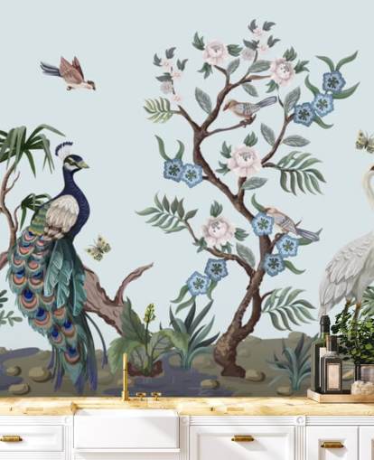 peacock, heron and phesant blue chinoiserie wallpaper peacock, heron and phesant blue chinoiserie wallpaper