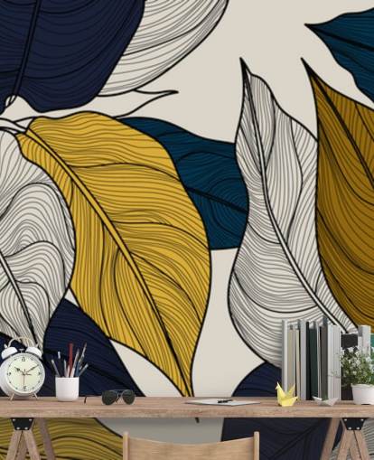 papel de parede de folhas marinhas, brancas e amarelas papel de parede de folhas marinhas, brancas e amarelas