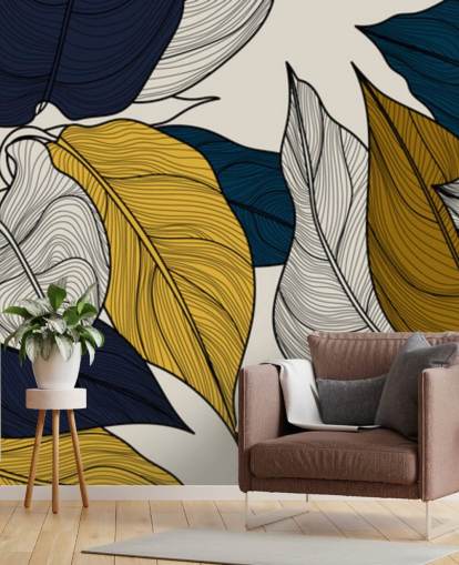 papel de parede de folhas marinhas, brancas e amarelas papel de parede de folhas marinhas, brancas e amarelas