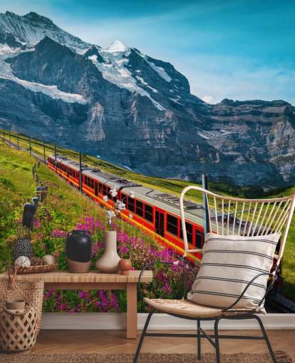 rode elektrische trein die door Zwitserse Alpen behang gaat rode elektrische trein die door Zwitserse Alpen behang gaat