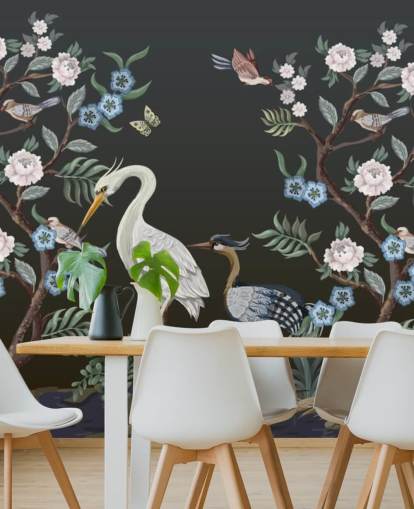 svart bakgrunn med orientalske trær og fugler tapet svart bakgrunn med orientalske trær og fugler tapet