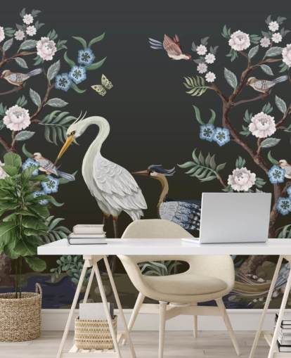 fundo preto com árvores orientais e pássaros papel de parede fundo preto com árvores orientais e pássaros papel de parede