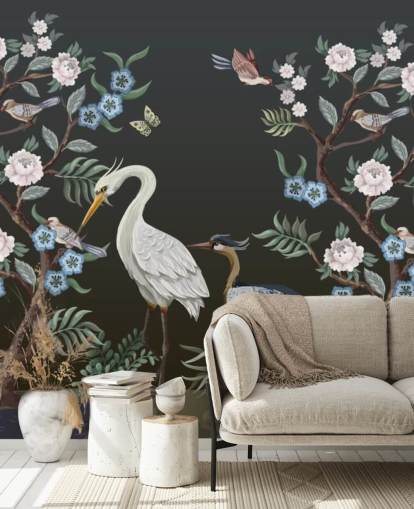 fondo negro con papel tapiz de árboles y pájaros orientales fondo negro con papel tapiz de árboles y pájaros orientales