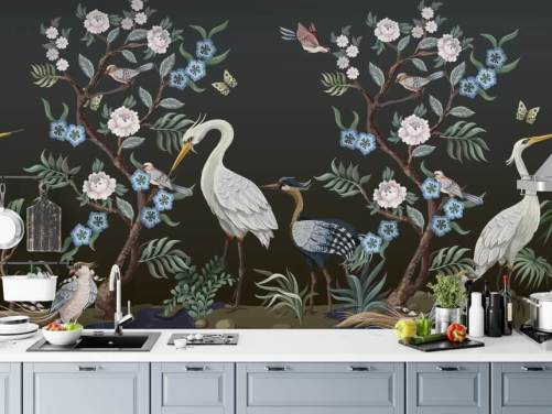 Herons and Peonies Chinoiserie Wallpaper