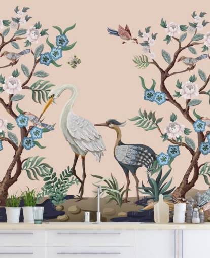 papel de parede de pássaros e flores em tons pastel papel de parede de pássaros e flores em tons pastel