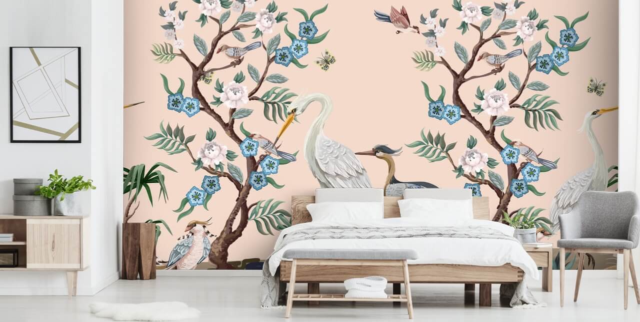 pastelkleurige vogels en bloemen behang