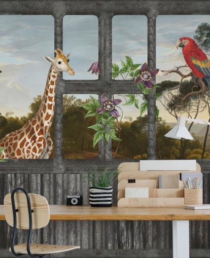 papagaios vermelhos e girafa olhando através do papel de parede da janela da cabine papagaios vermelhos e girafa olhando através do papel de parede da janela da cabine