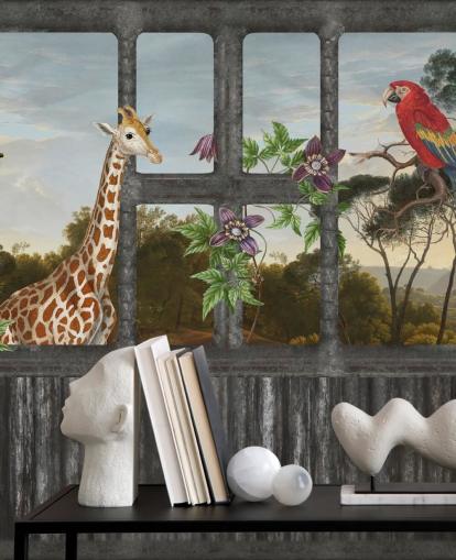 rode papegaaien en giraffe kijken door het raambehang van de cabine rode papegaaien en giraffe kijken door het raambehang van de cabine