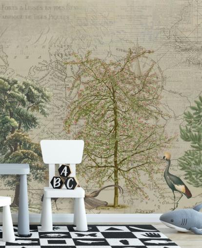 antique illustration of trees and woodland animals with map background wallpaper antique illustration of trees and woodland animals with map background wallpaper