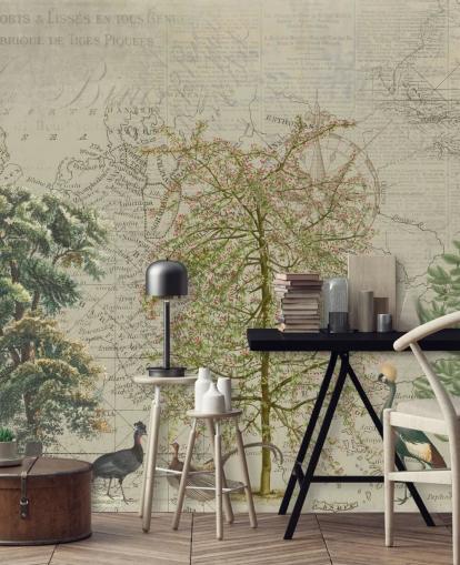 antique illustration of trees and woodland animals with map background wallpaper antique illustration of trees and woodland animals with map background wallpaper