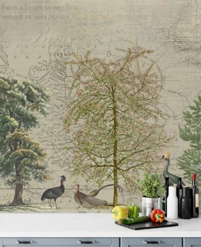 antique illustration of trees and woodland animals with map background wallpaper antique illustration of trees and woodland animals with map background wallpaper