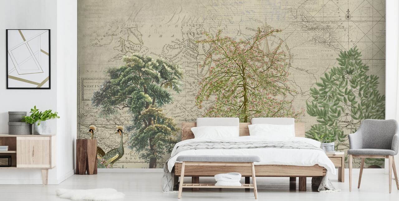 ilustração antiga de árvores e animais da floresta com papel de parede de fundo do mapa