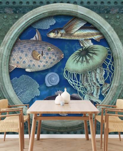fish and jellyfish in porthole window wallpaper fish and jellyfish in porthole window wallpaper