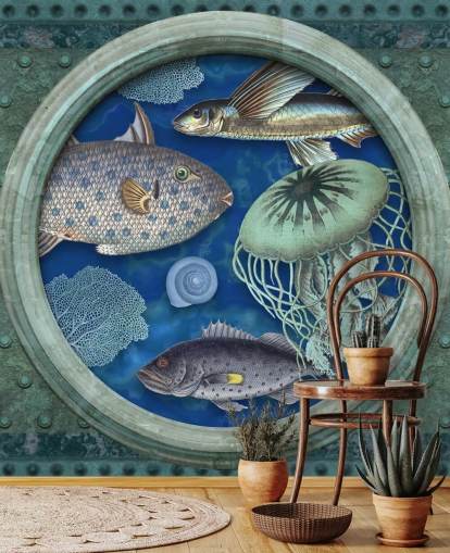 fish and jellyfish in porthole window wallpaper fish and jellyfish in porthole window wallpaper