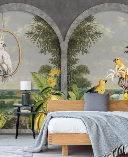 kakadue og tropiske gule fugle ved vindue i tropisk land tapet kakadue og tropiske gule fugle ved vindue i tropisk land tapet