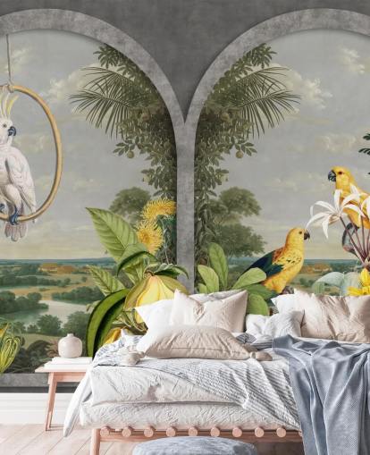 cockatoo and tropical yellow birds by window in tropical country wallpaper cockatoo and tropical yellow birds by window in tropical country wallpaper