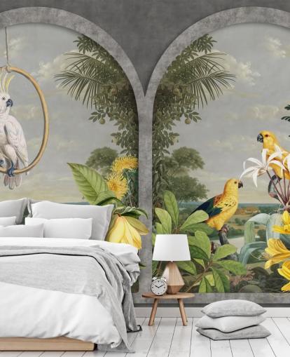 cockatoo and tropical yellow birds by window in tropical country wallpaper cockatoo and tropical yellow birds by window in tropical country wallpaper