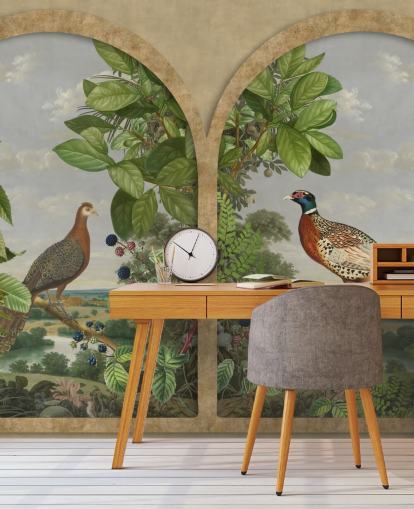 pheasant and peacock sat by window vintage style wallpaper pheasant and peacock sat by window vintage style wallpaper
