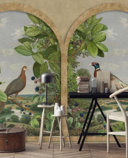 Fasan und Pfau saßen am Fenster Vintage-Stil Tapete Fasan und Pfau saßen am Fenster Vintage-Stil Tapete