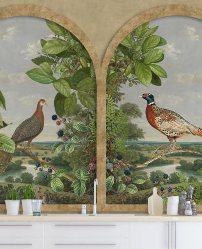 pheasant and peacock sat by window vintage style wallpaper pheasant and peacock sat by window vintage style wallpaper