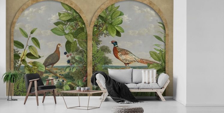 pheasant and peacock sat by window vintage style wallpaper