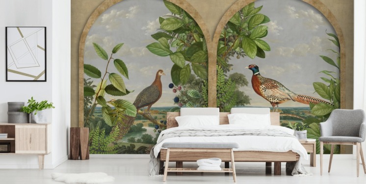 pheasant and peacock sat by window vintage style wallpaper