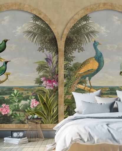 illustrierte tropische Vögel durch ein Fenster im Paradies Tapete illustrierte tropische Vögel durch ein Fenster im Paradies Tapete