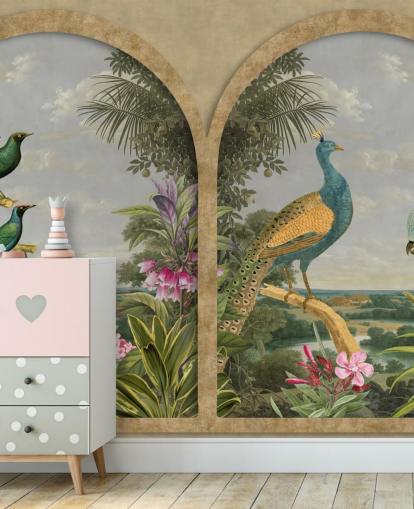 illustrierte tropische Vögel durch ein Fenster im Paradies Tapete illustrierte tropische Vögel durch ein Fenster im Paradies Tapete