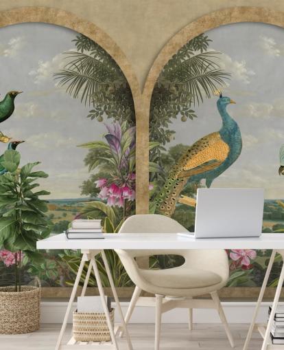 illustrated tropical birds by a window in paradise wallpaper illustrated tropical birds by a window in paradise wallpaper