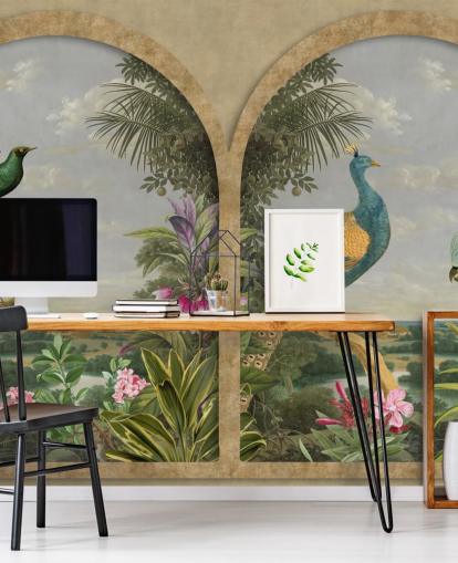 illustrierte tropische Vögel durch ein Fenster im Paradies Tapete illustrierte tropische Vögel durch ein Fenster im Paradies Tapete