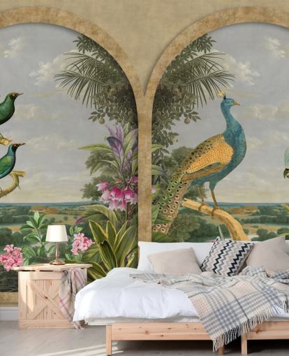 pássaros tropicais ilustrados por uma janela no paraíso papel de parede pássaros tropicais ilustrados por uma janela no paraíso papel de parede